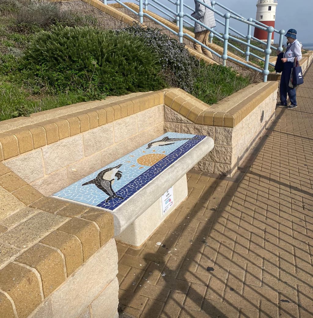 The Common Dolphin bench: a mosaic bench with a leaping dolphin picked out in blue tesserae.